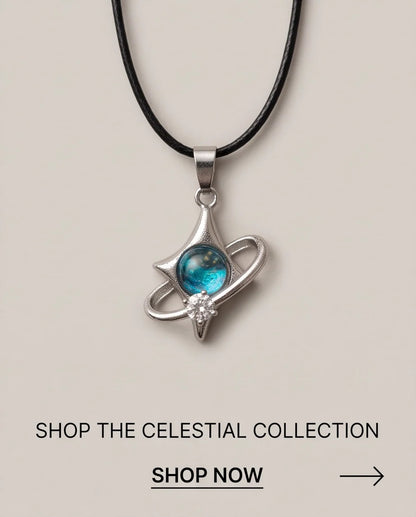 Silver Cosmic Four-Point Star Planet Ring Pendant Necklace