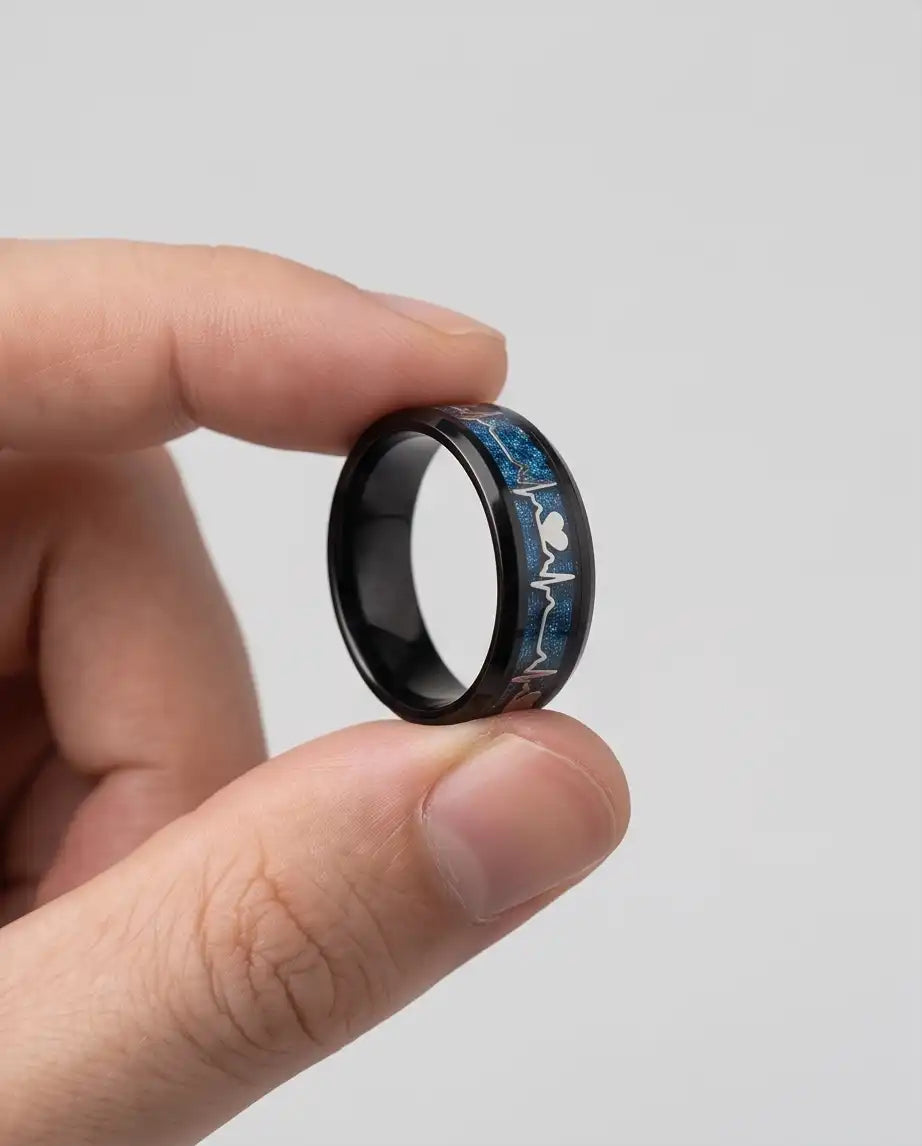 Black and Blue Carbon Fiber Heartbeat EKG Ring