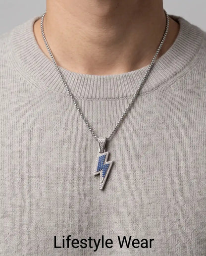 Blue Iced Lightning Bolt Pendant Box Chain