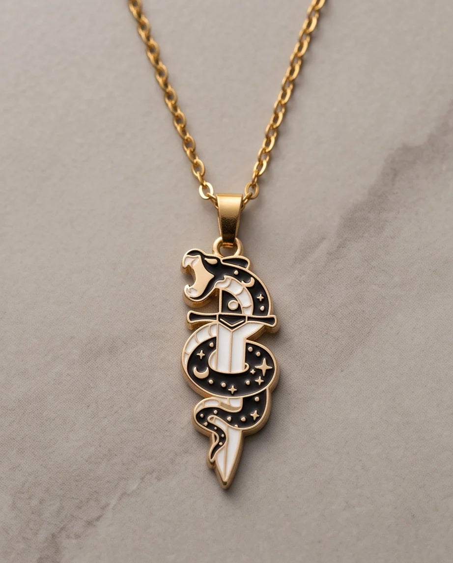 Gold Snake & Dagger Celestial Enamel Pendant Necklace