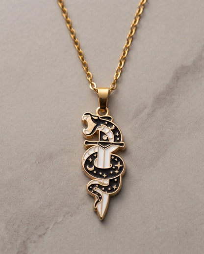 Gold Snake & Dagger Celestial Enamel Pendant Necklace