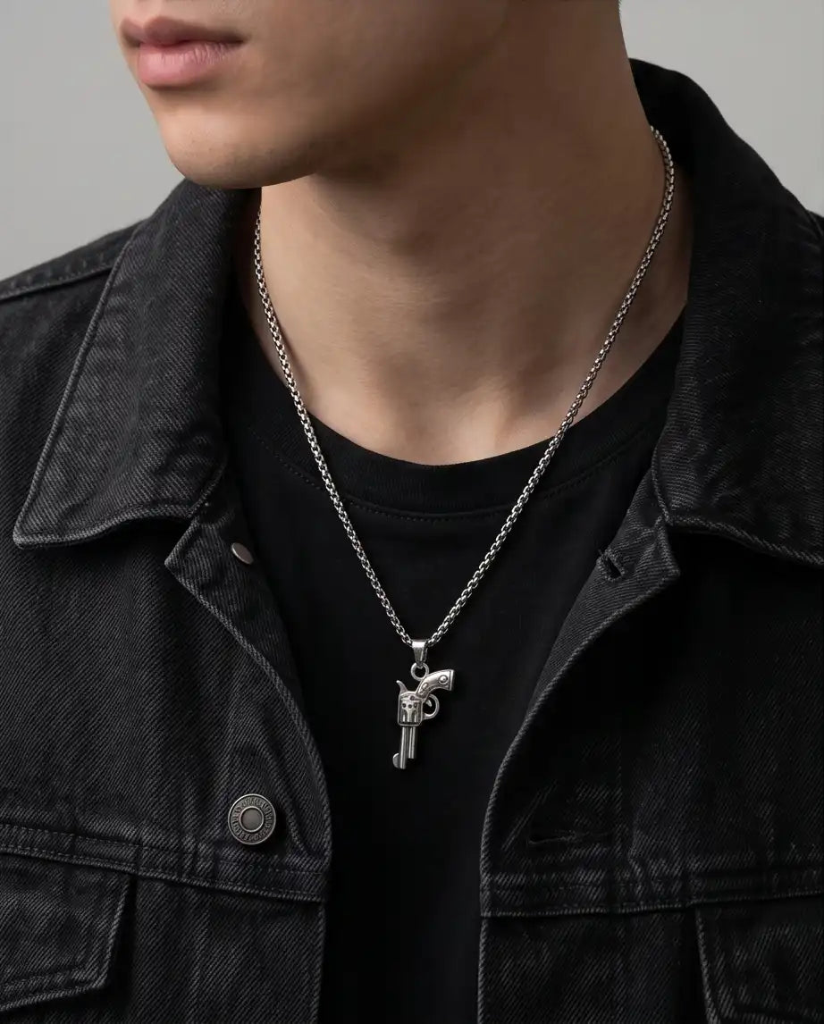 Vintage Revolver Handgun Weapon Pendant Box Chain