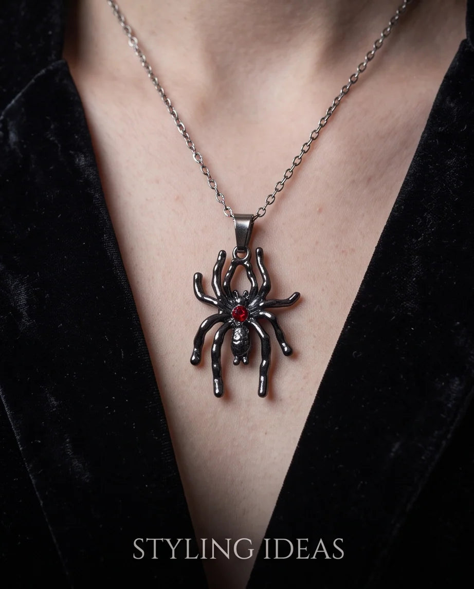 Black Spider Red Round Crystal Gem Pendant Necklace