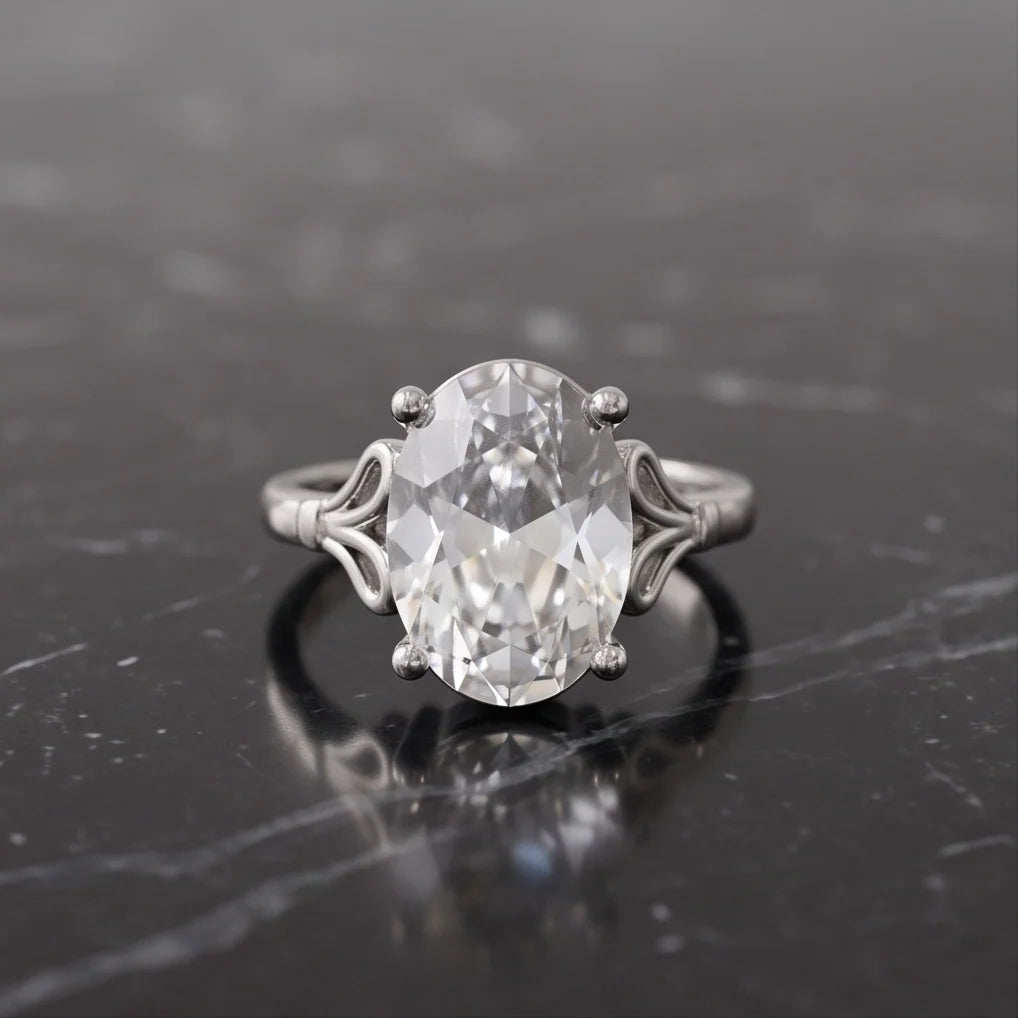 Silver Oval Clear Quartz Vintage Solitaire Ring