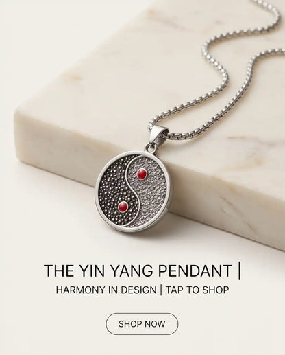 Red Gemstone Stippled Yin Yang Medallion Silver Box Chain Necklace