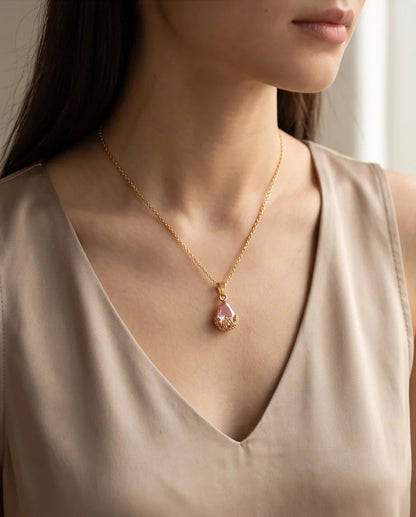 Gold Pink Teardrop Floral Basket Pendant Necklace