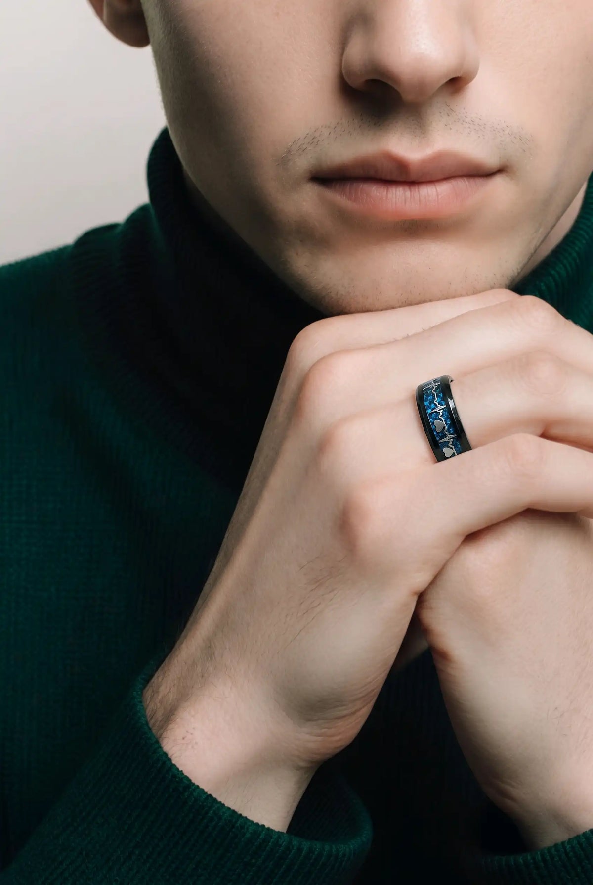 Black and Blue Carbon Fiber Heartbeat EKG Ring