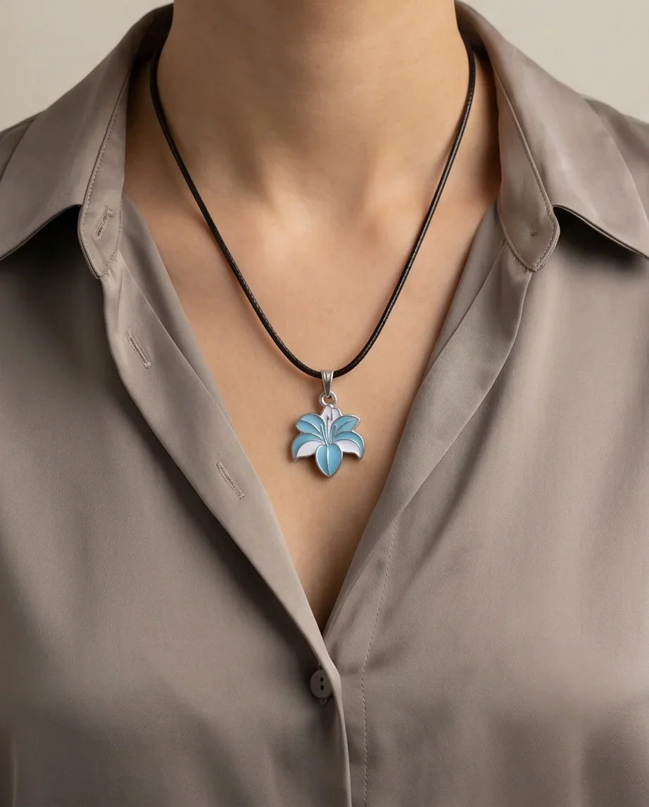 Serene Blue and White Lily Enamel Pendant Necklace