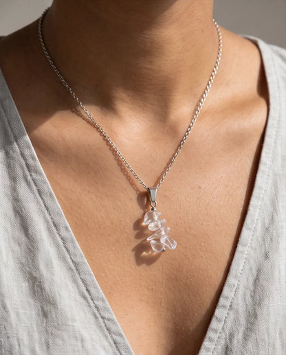 Silver Stacked Raw Clear Quartz Chip Stone Pendant Necklace