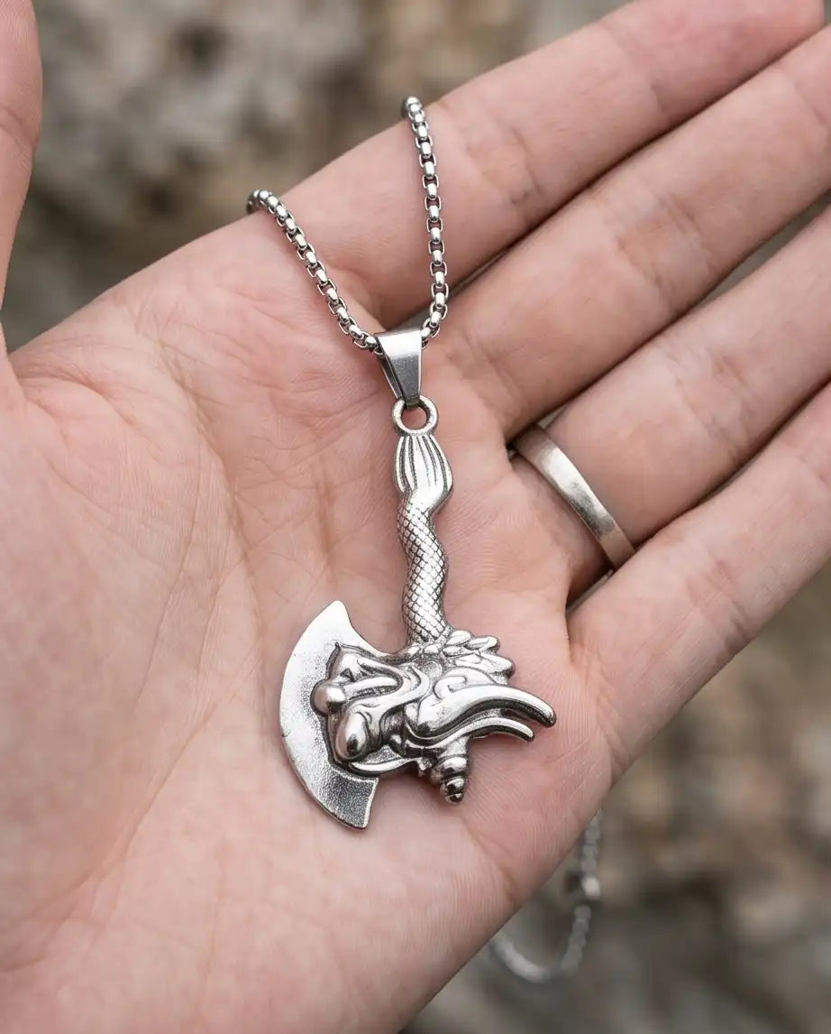 Mythological Dragon Battle Axe Pendant Box Chain