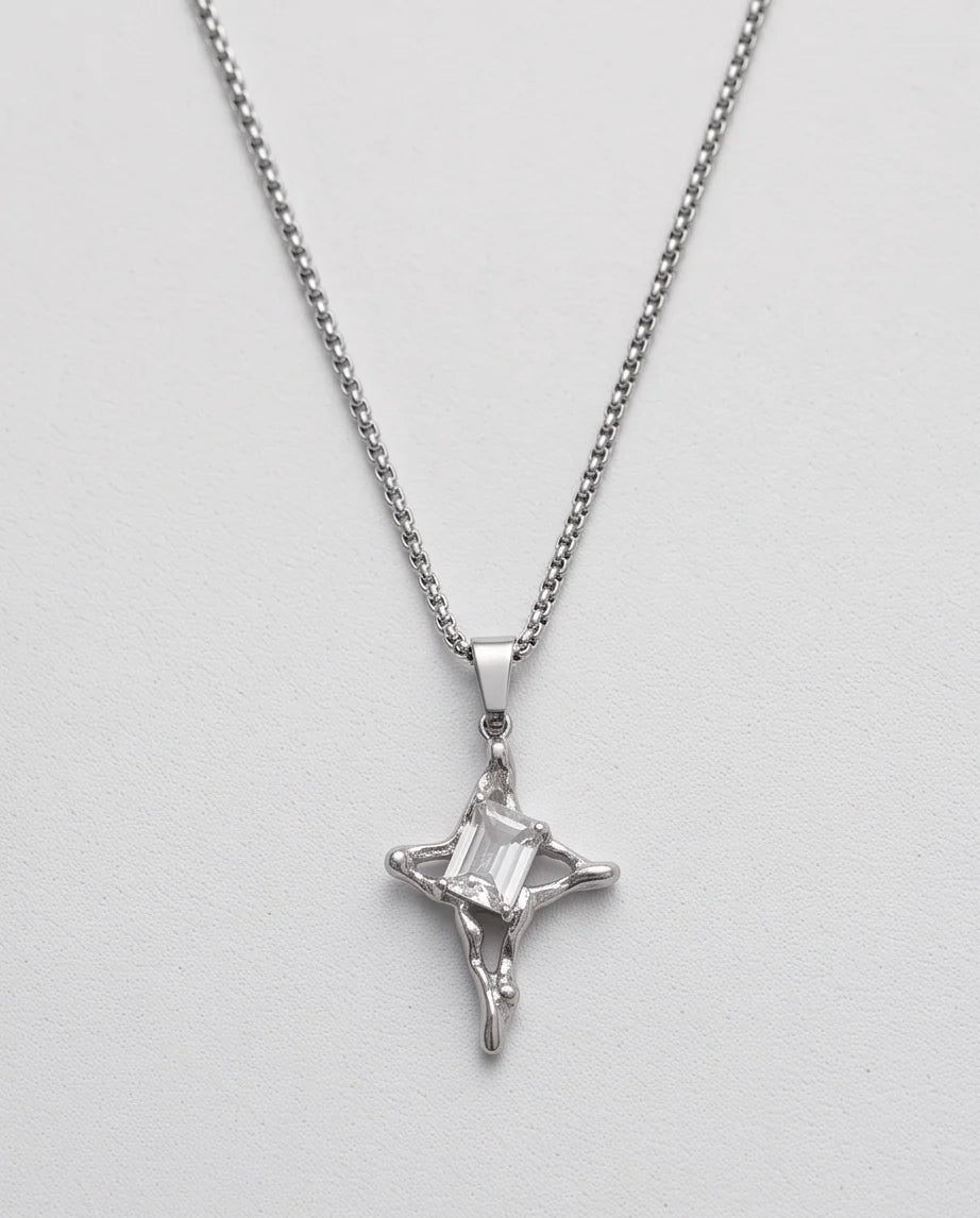 Silver Clear Gemstone Gothic Cross Pendant Necklace