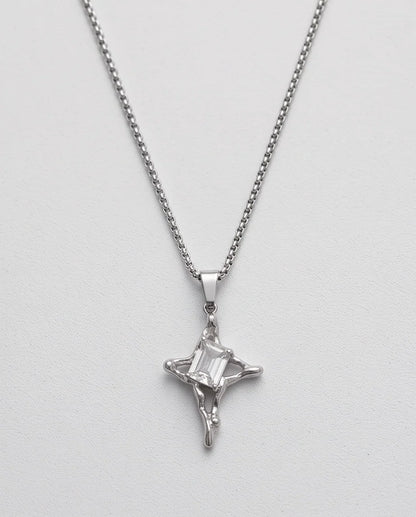 Silver Clear Gemstone Gothic Cross Pendant Necklace