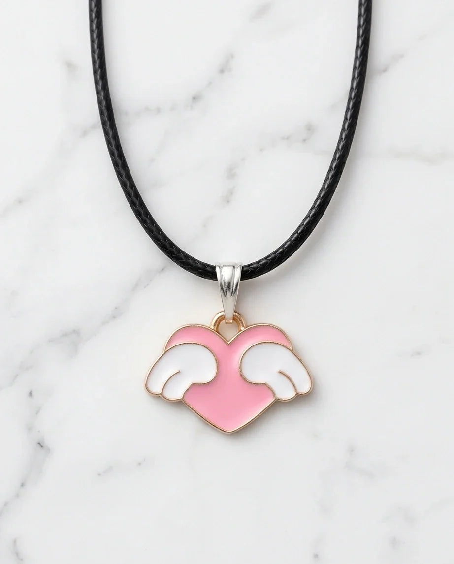 Pink Enamel Angel Winged Heart Pendant Necklace