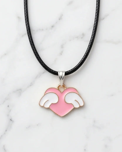Pink Enamel Angel Winged Heart Pendant Necklace