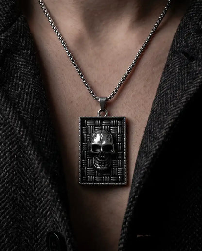 Gothic Skull Basketweave Tag Silver Box Chain Necklace