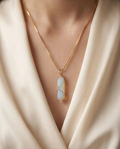 Wire-Wrapped Synthetic Opal Crystal Point Pendant Box Chain