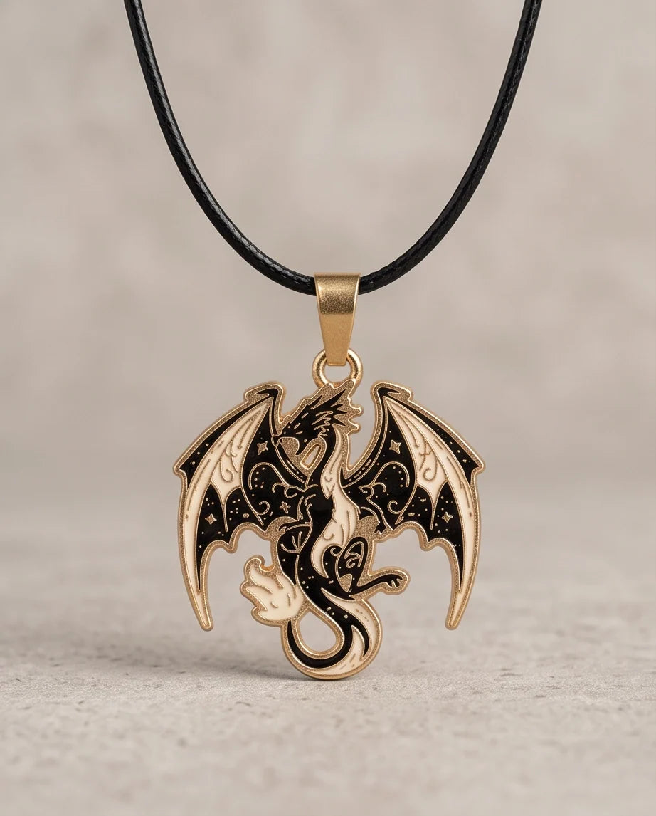 Gold Celestial Dragon Black & White Enamel Pendant Necklace