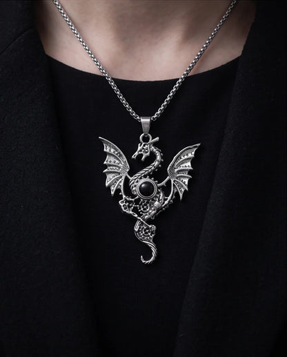 Silver Black Gemstone Dragon Pendant Necklace