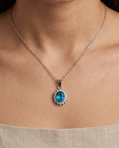 Silver Aquamarine Blue Oval Halo Medallion Pendant Necklace