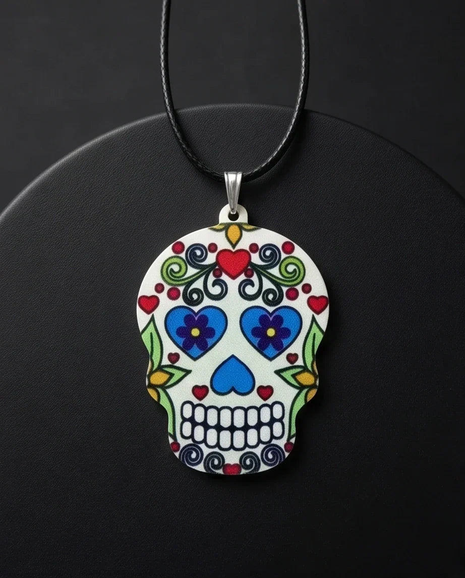 Vibrant White Sugar Skull Día de los Muertos Pendant Necklace