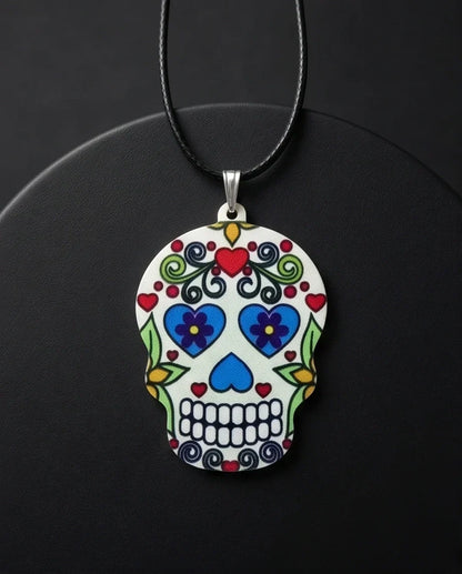 Vibrant White Sugar Skull Día de los Muertos Pendant Necklace