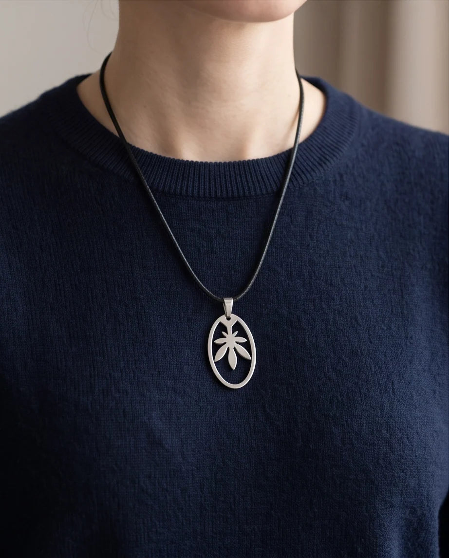 Brushed Silver Leaf Oval Cord Necklace