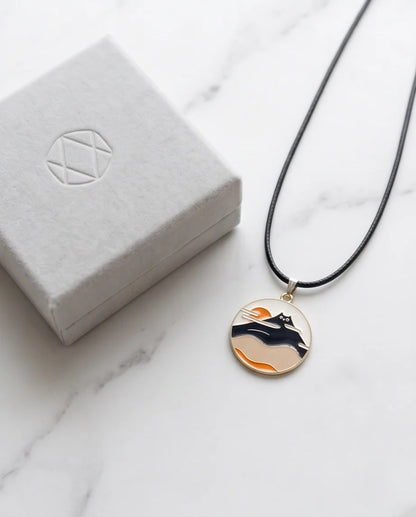 Japanese Mountain & Cat Enamel Pendant Necklace
