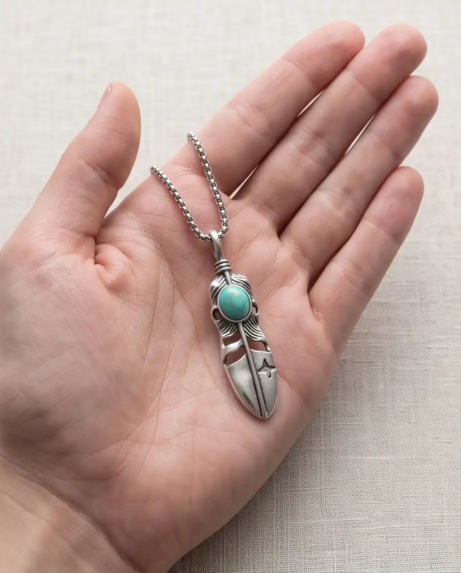 Turquoise Stone Feather Pendant Box Chain