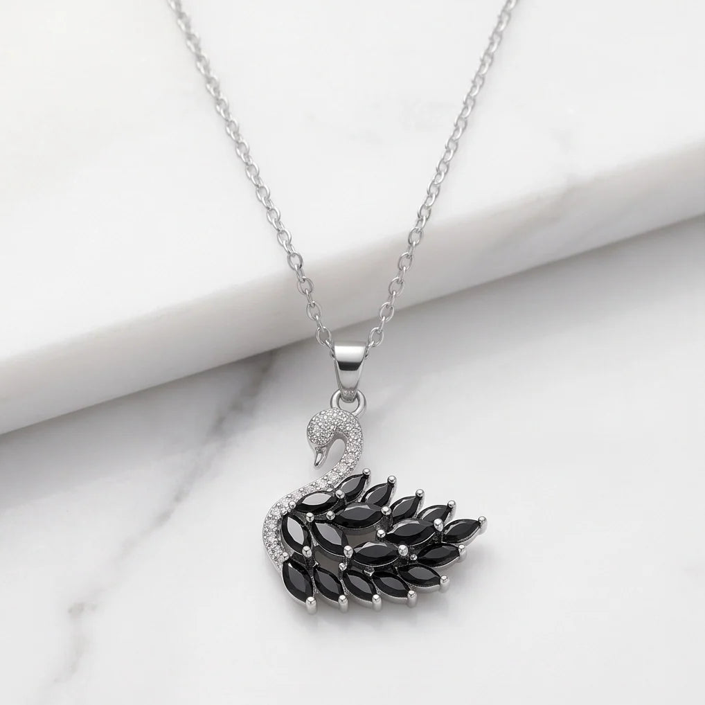 Silver Black Crystal Swan Necklace