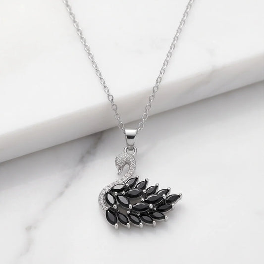 Silver Black Crystal Swan Necklace
