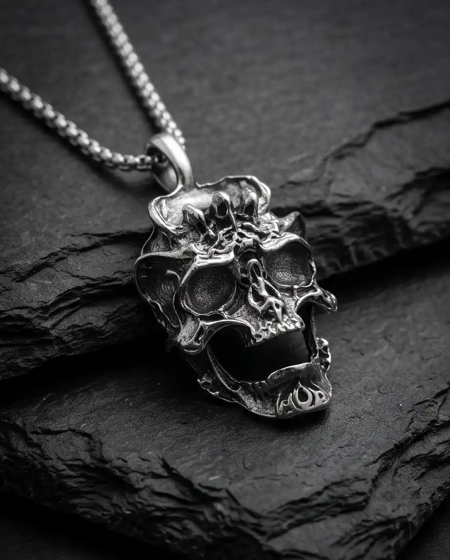 Gothic Screaming Demon Skull Pendant Silver Box Chain Necklace