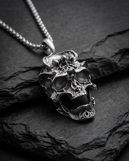 Gothic Screaming Demon Skull Pendant Silver Box Chain Necklace
