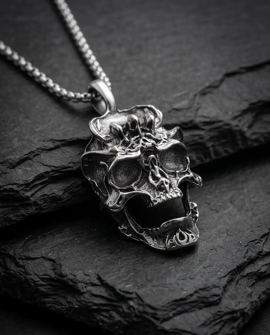 Gothic Screaming Demon Skull Pendant Silver Box Chain Necklace