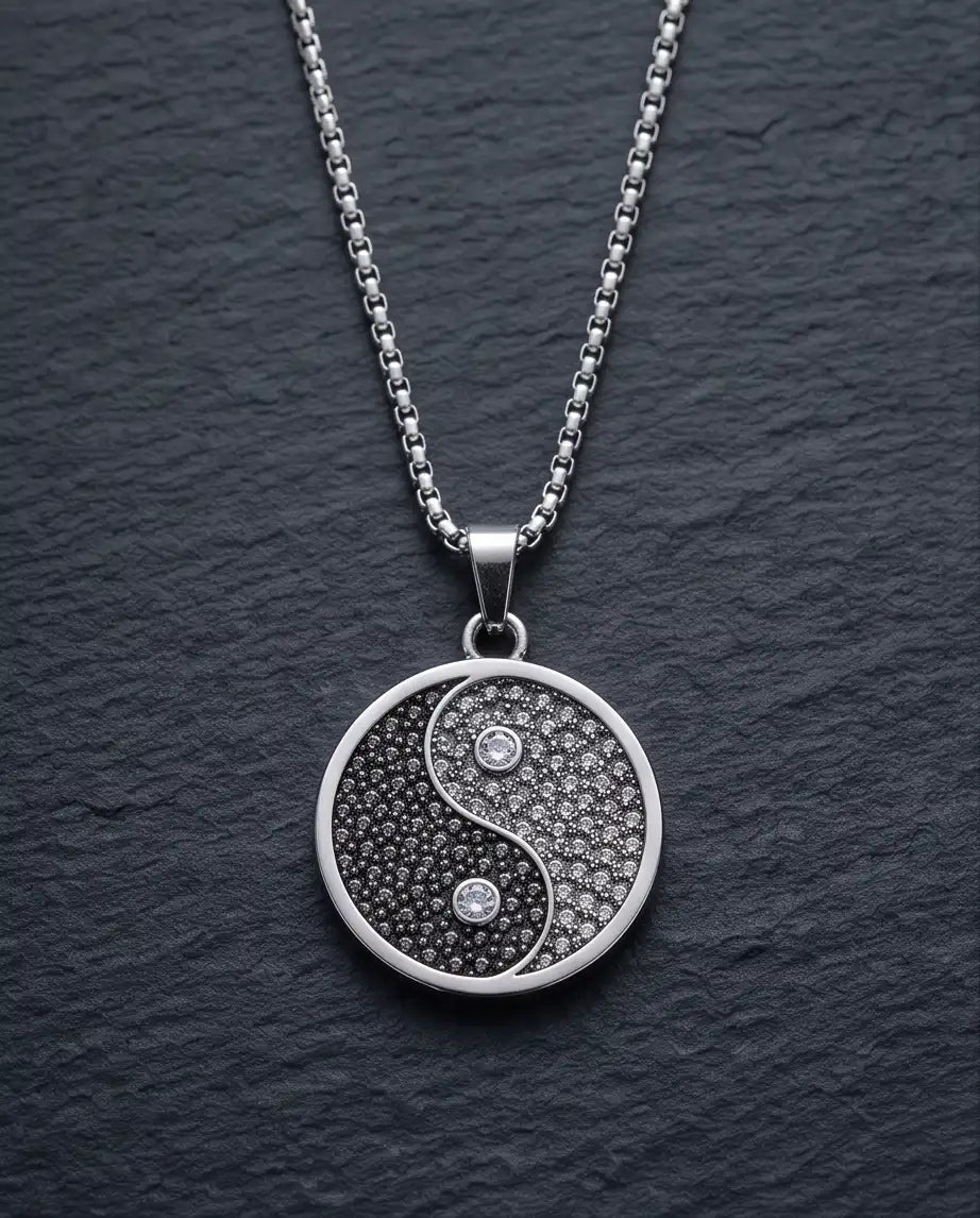 Cubic Zirconia Stippled Yin Yang Medallion Silver Box Chain Necklace