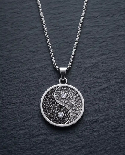 Cubic Zirconia Stippled Yin Yang Medallion Silver Box Chain Necklace