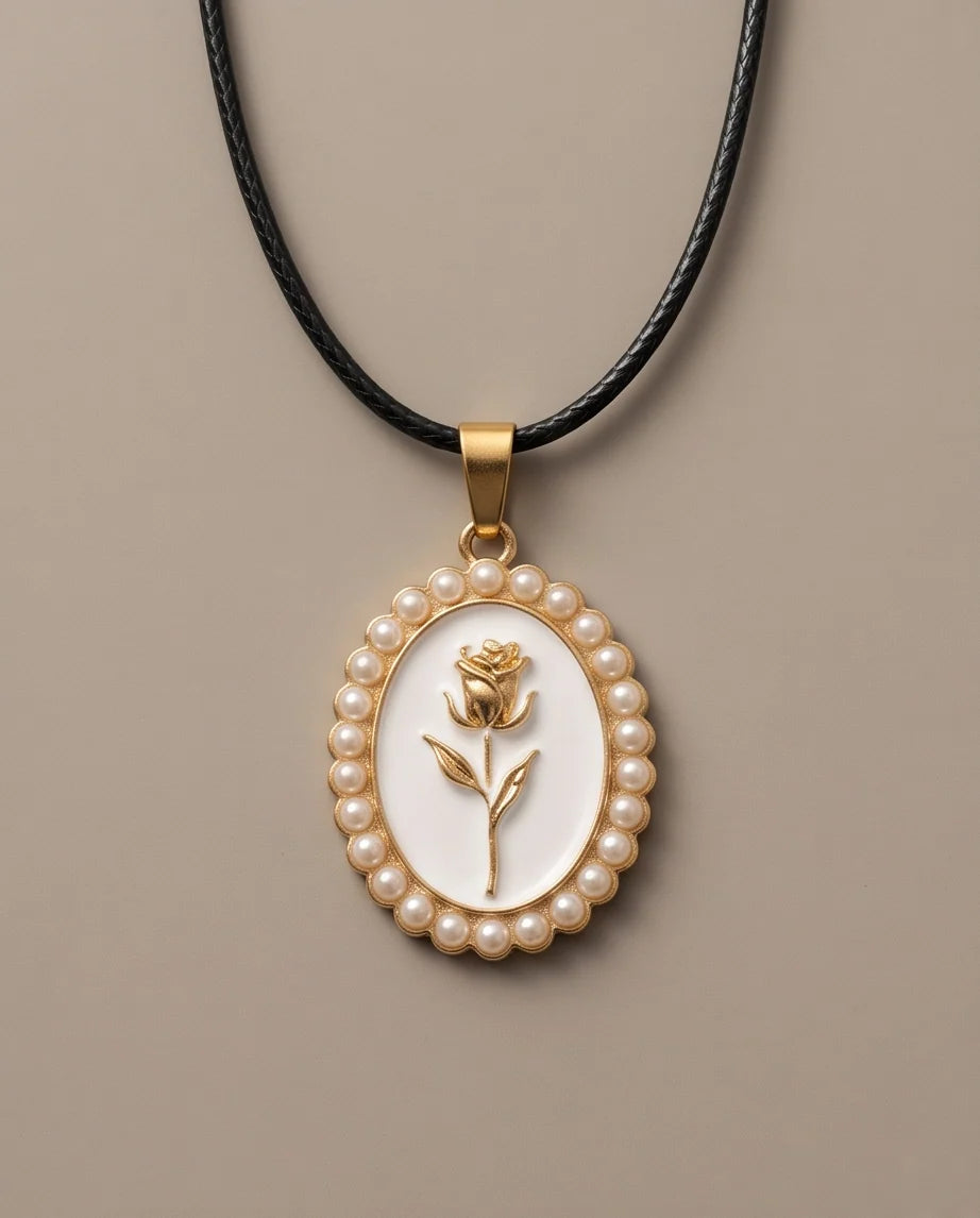 Gold Pearl Frame White Enamel Rose Oval Pendant Necklace