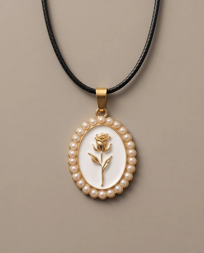 Gold Pearl Frame White Enamel Rose Oval Pendant Necklace