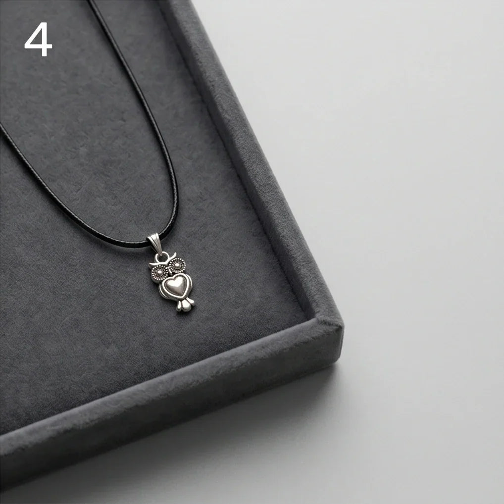 Silver Retro Heart Owl Necklace