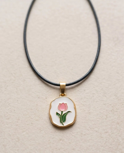 Gold Pink Tulip Enamel Medallion Chain Necklace