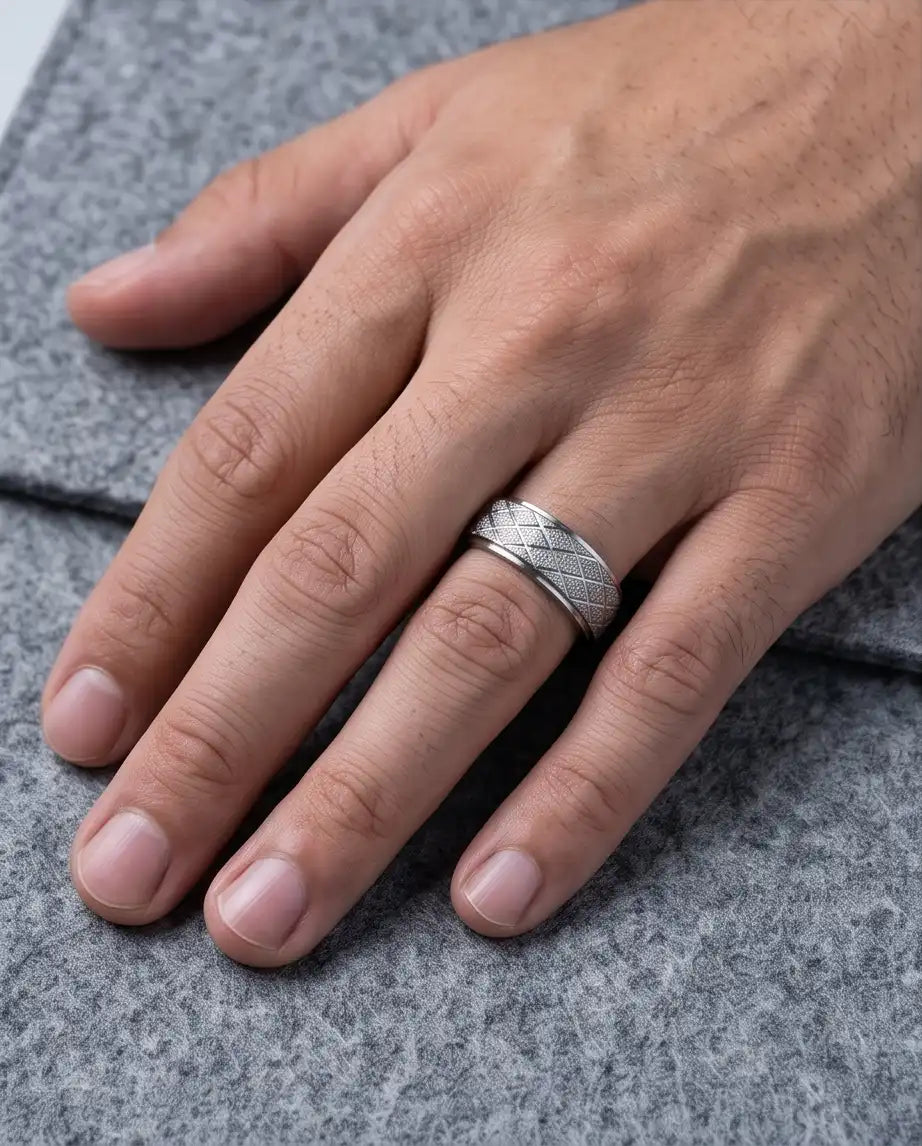 Silver Diamond Texture Grid Band Ring
