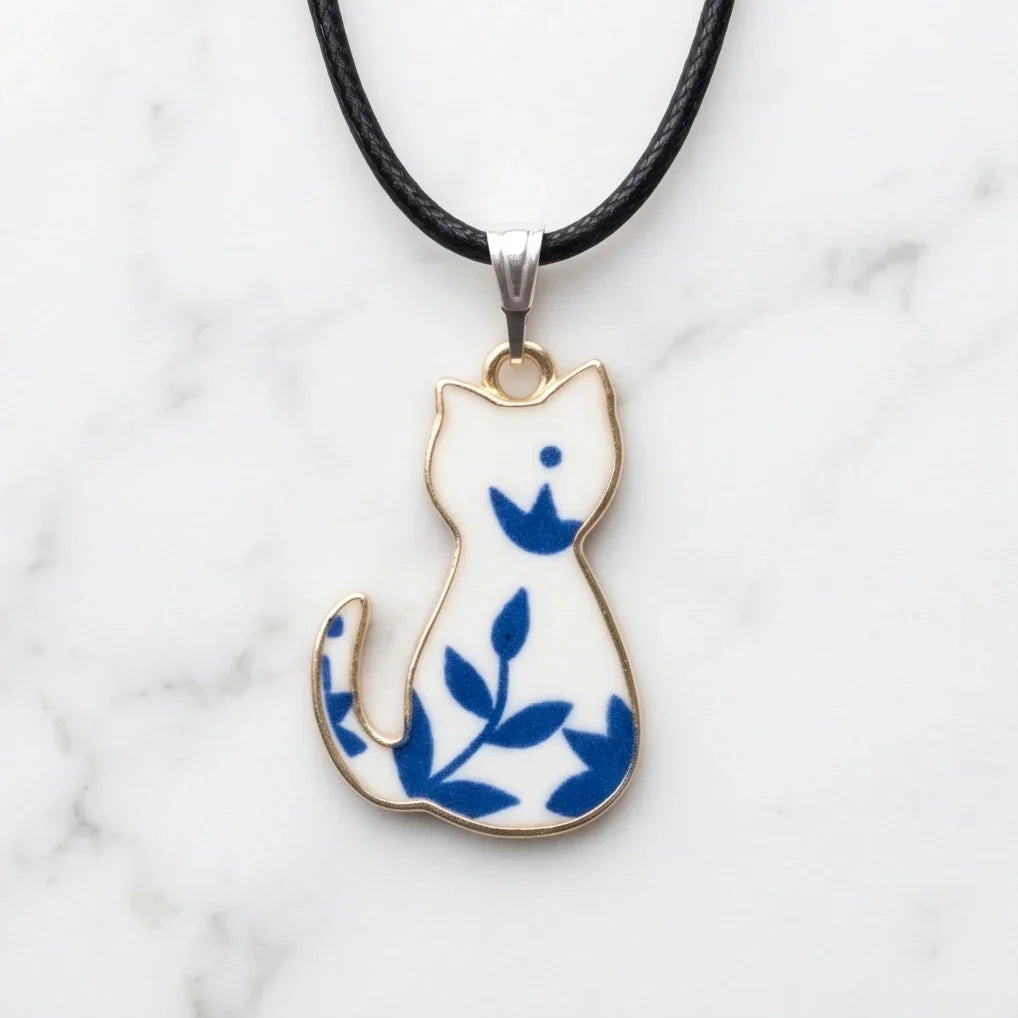 Artistic Blue Porcelain Feline Silhouette Pendant Necklace