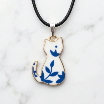 Artistic Blue Porcelain Feline Silhouette Pendant Necklace