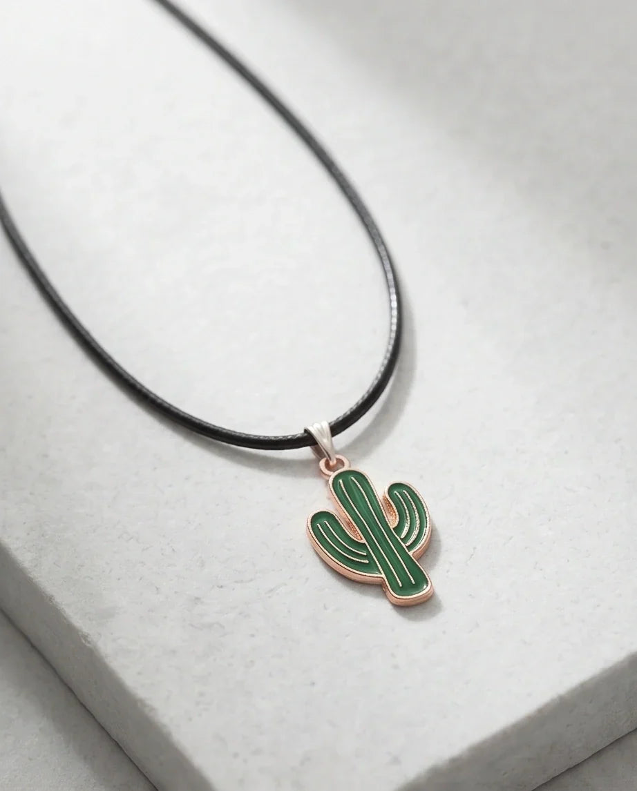 Gold and Green Cactus Pendant Necklace