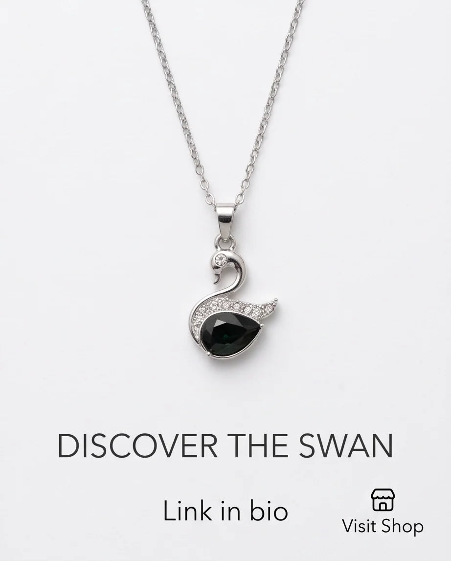 Silver Black Crystal Swan Pendant Necklace