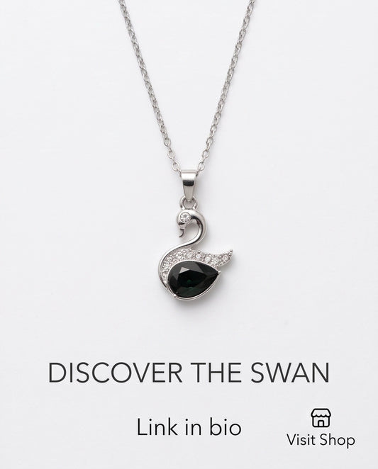 Silver Black Crystal Swan Pendant Necklace