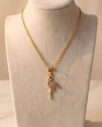 Gold Pink Crystal Paved Flamingo Pendant Necklace