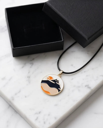Japanese Mountain & Cat Enamel Pendant Necklace