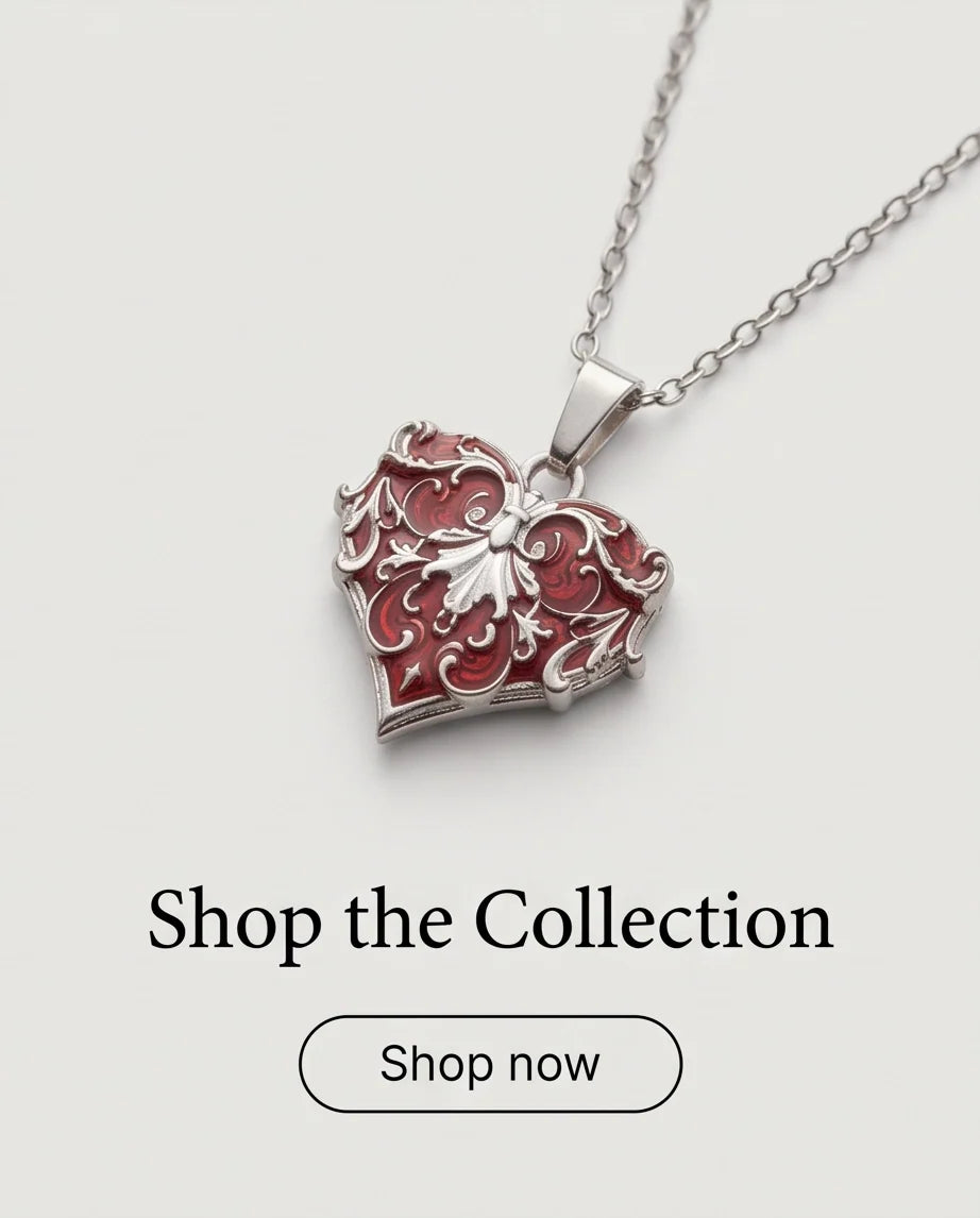 Silver Red Enamel Filigree Heart Pendant Necklace