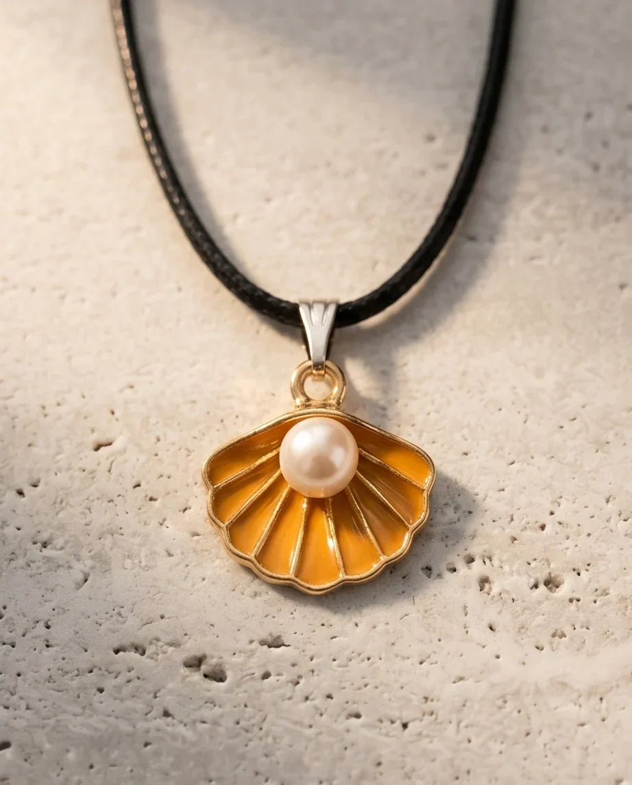 Golden Yellow Seashell Enamel Pendant Necklace with Faux Pearl