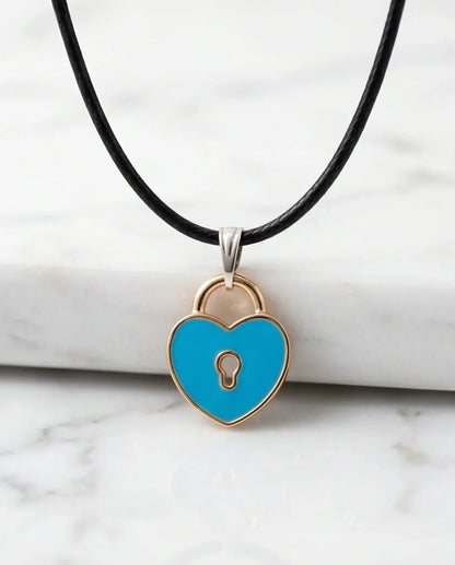 Gold and Pastel Blue Heart Lock Necklace